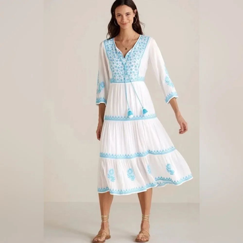 Soft Surroundings Juniper Dress White And Blue Tiered Dress Size Small boho